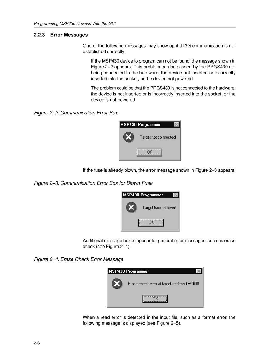 Texas Instruments MSP430 manual Error Messages, 2. Communication Error Box 