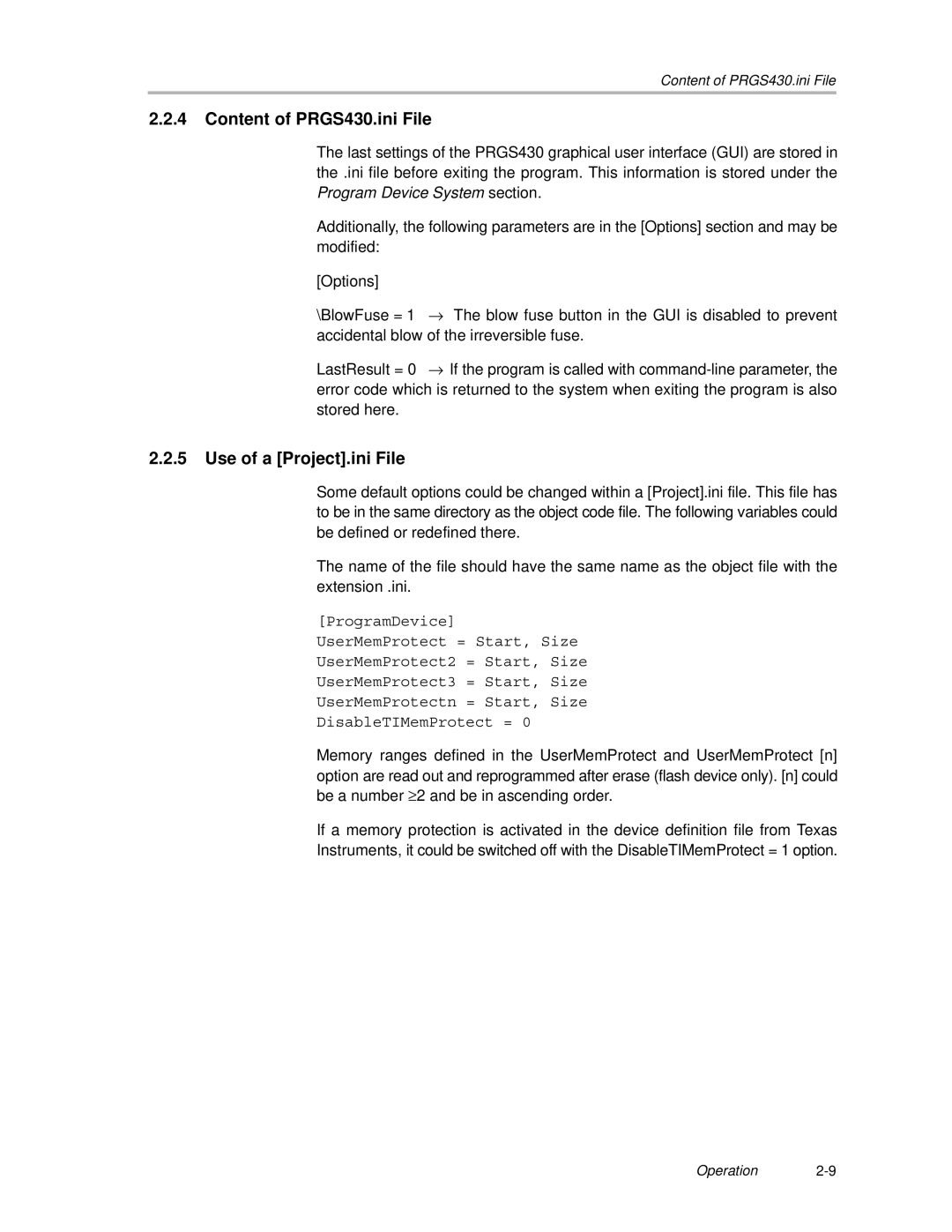 Texas Instruments MSP430 manual Content of PRGS430.ini File, Use of a Project.ini File 