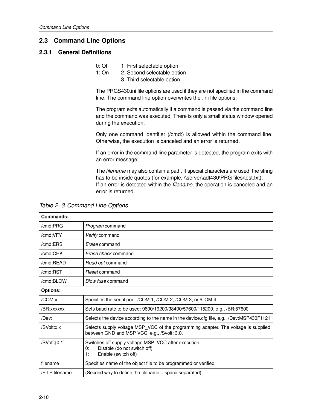 Texas Instruments MSP430 manual Command Line Options, General Definitions 