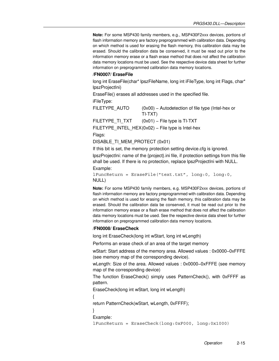 Texas Instruments MSP430 manual FN0007/ EraseFile, FN0008/ EraseCheck 