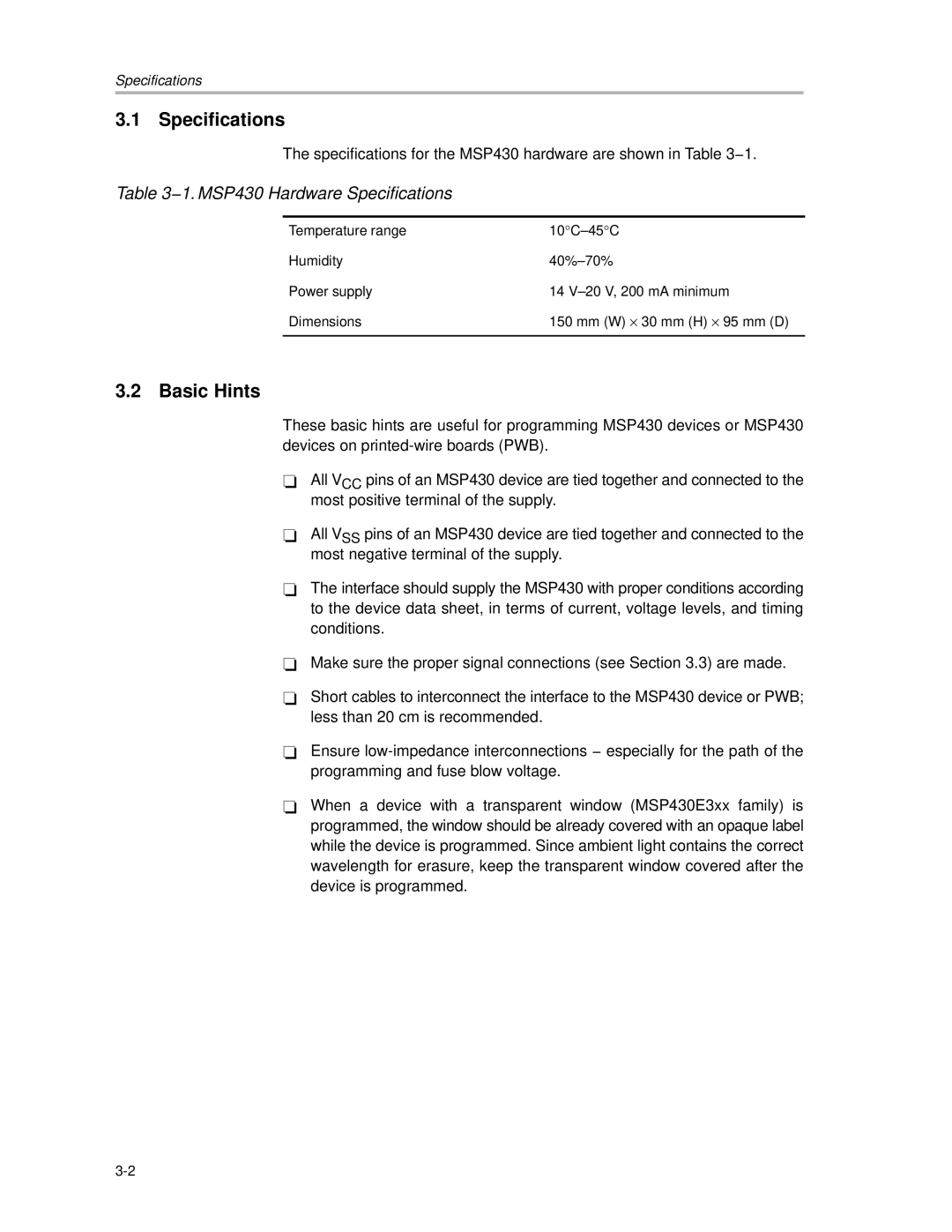 Texas Instruments MSP430 manual Specifications, Basic Hints 