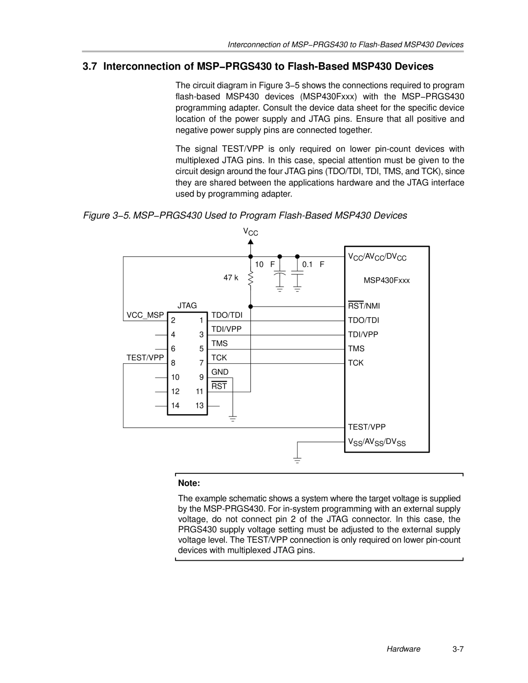 Texas Instruments manual Interconnection of MSP−PRGS430 to Flash-Based MSP430 Devices 