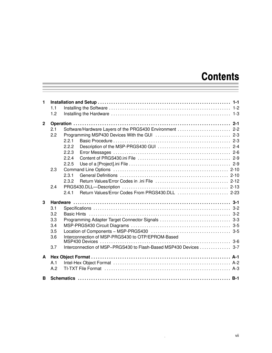 Texas Instruments MSP430 manual Contents 