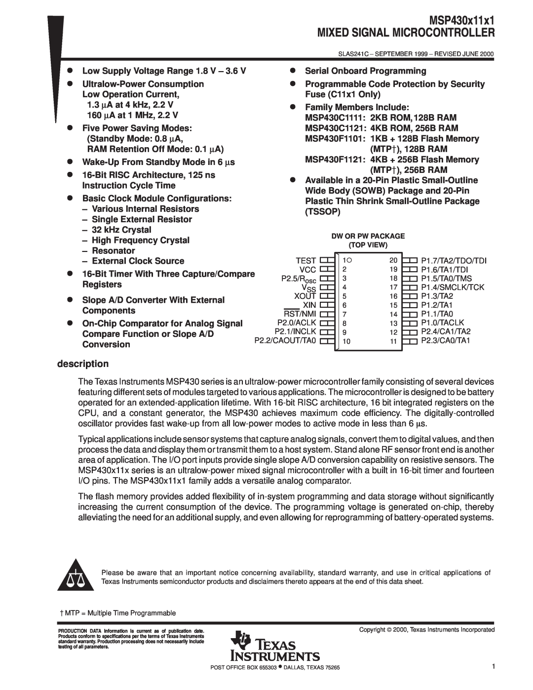 Texas Instruments MSP430x11x1 warranty Mixed Signal Microcontroller, description, D Low Supply Voltage Range 1.8 V ± 3.6 