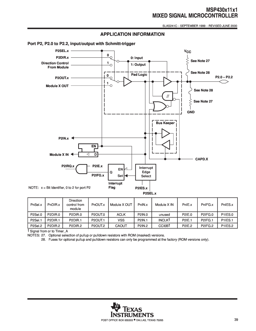 Texas Instruments MSP430x11x1 Port P2, P2.0 to P2.2, input/output with Schmitt-trigger, Mixed Signal Microcontroller 