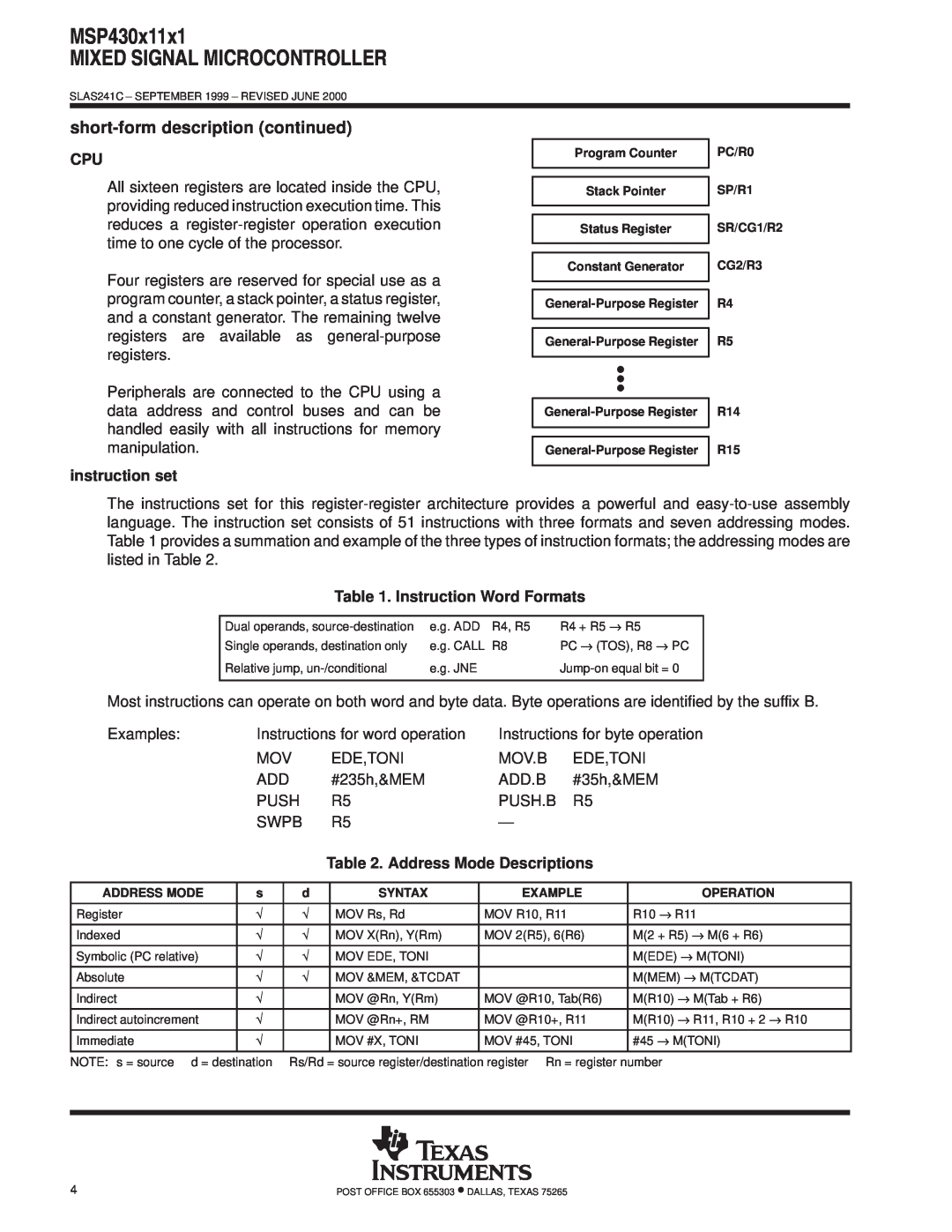 Texas Instruments MSP430x11x1 warranty short-form description continued, instruction set, Instruction Word Formats 