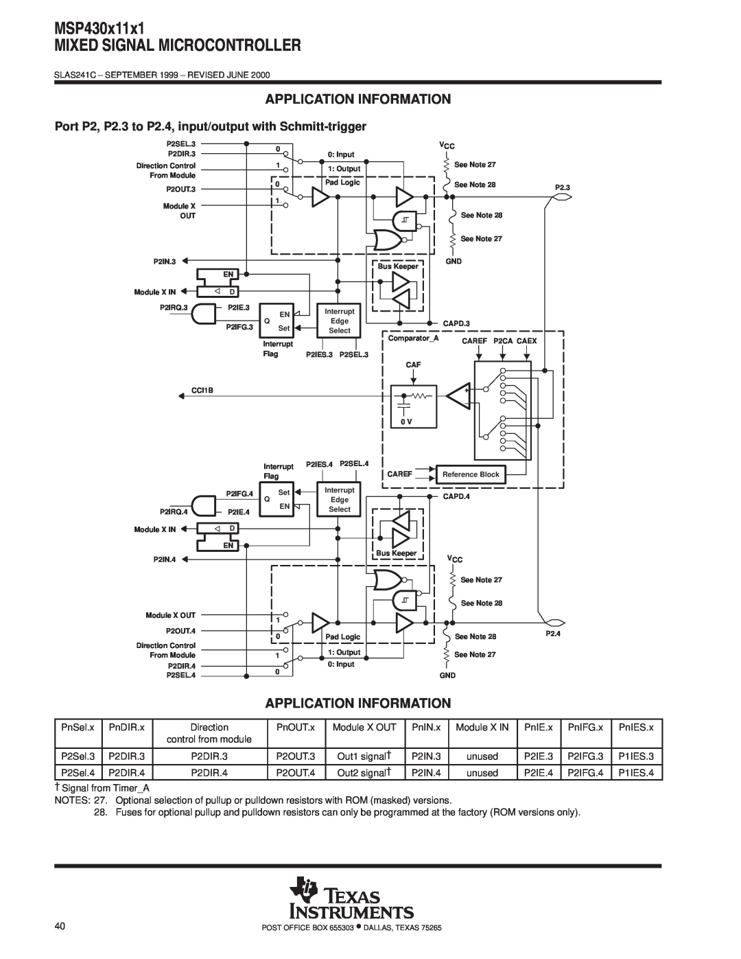 Texas Instruments MSP430x11x1 warranty Port P2, P2.3 to P2.4, input/output with Schmitt-trigger, Application Information 