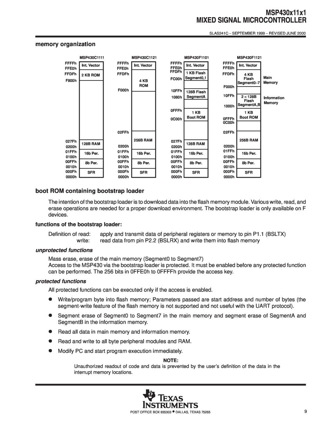 Texas Instruments MSP430x11x1 memory organization, boot ROM containing bootstrap loader, functions of the bootstrap loader 