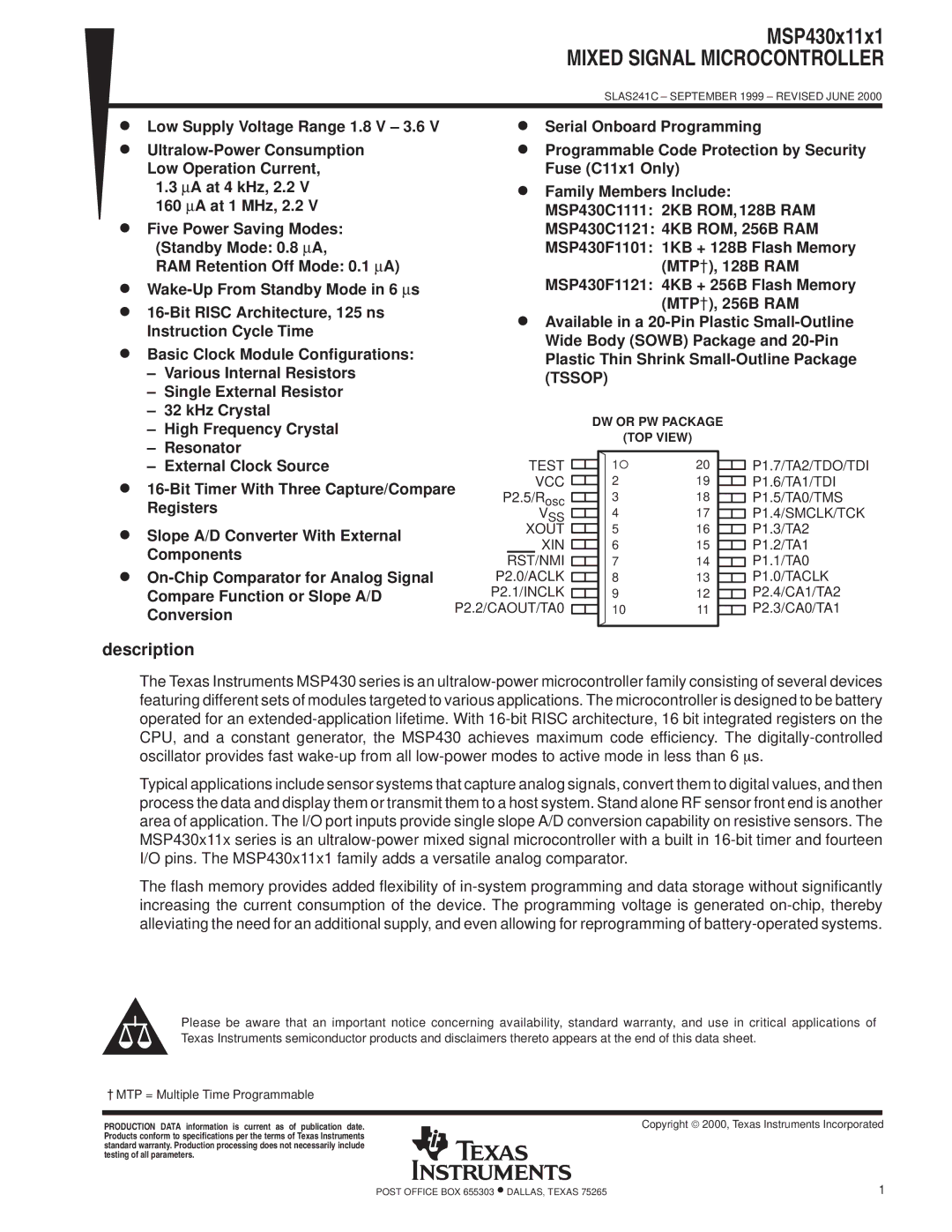 Texas Instruments MSP430x11x1 warranty Description, Tssop 