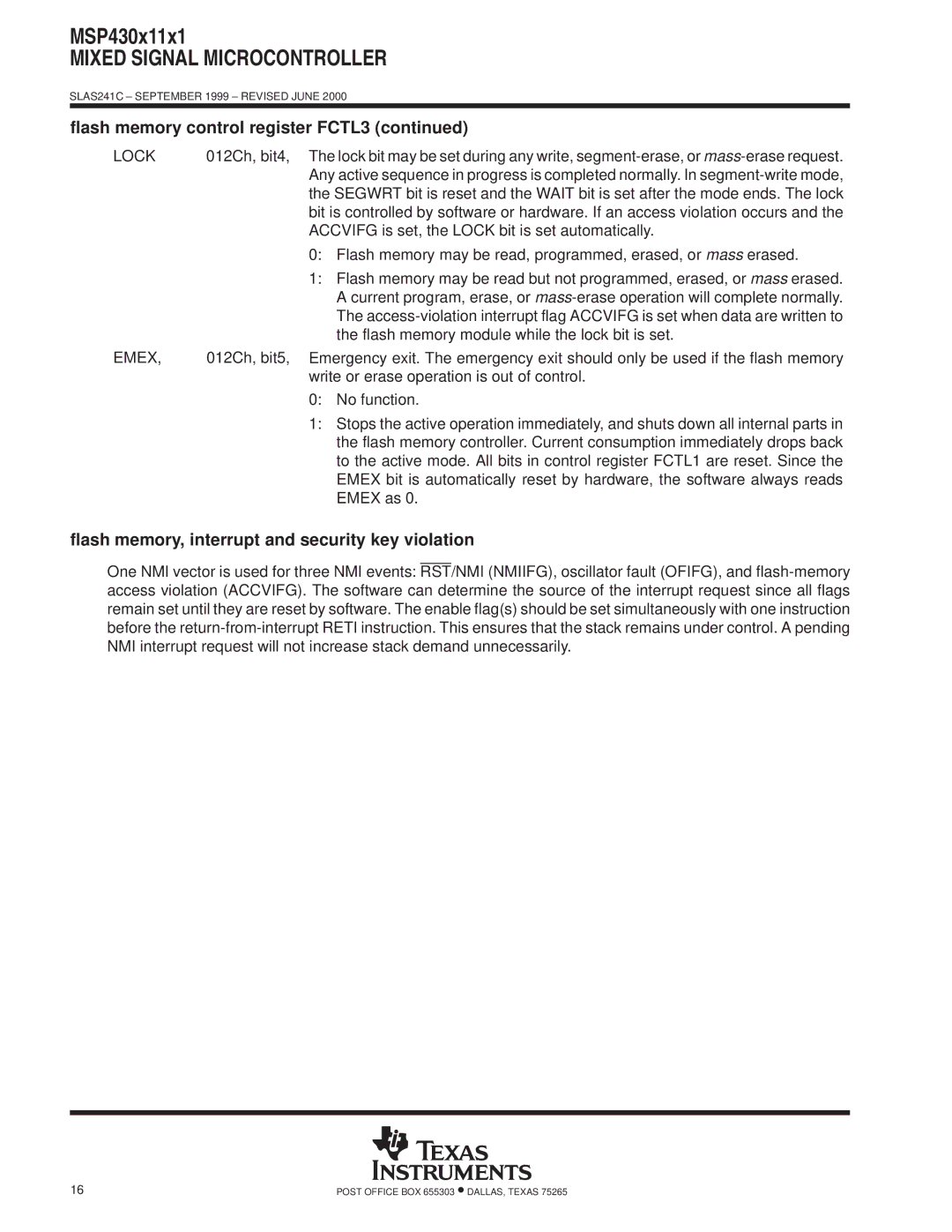 Texas Instruments MSP430x11x1 warranty Flash memory, interrupt and security key violation, Lock, Emex 