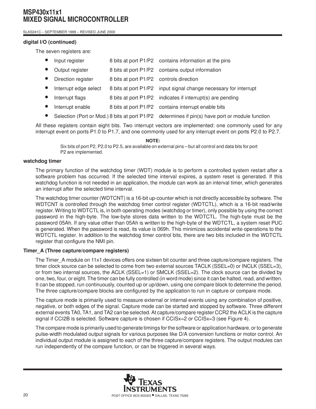 Texas Instruments MSP430x11x1 warranty Watchdog timer, TimerA Three capture/compare registers 