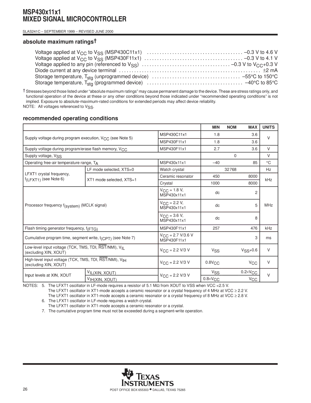 Texas Instruments MSP430x11x1 warranty Absolute maximum ratings², Recommended operating conditions, MIN NOM MAX Units 