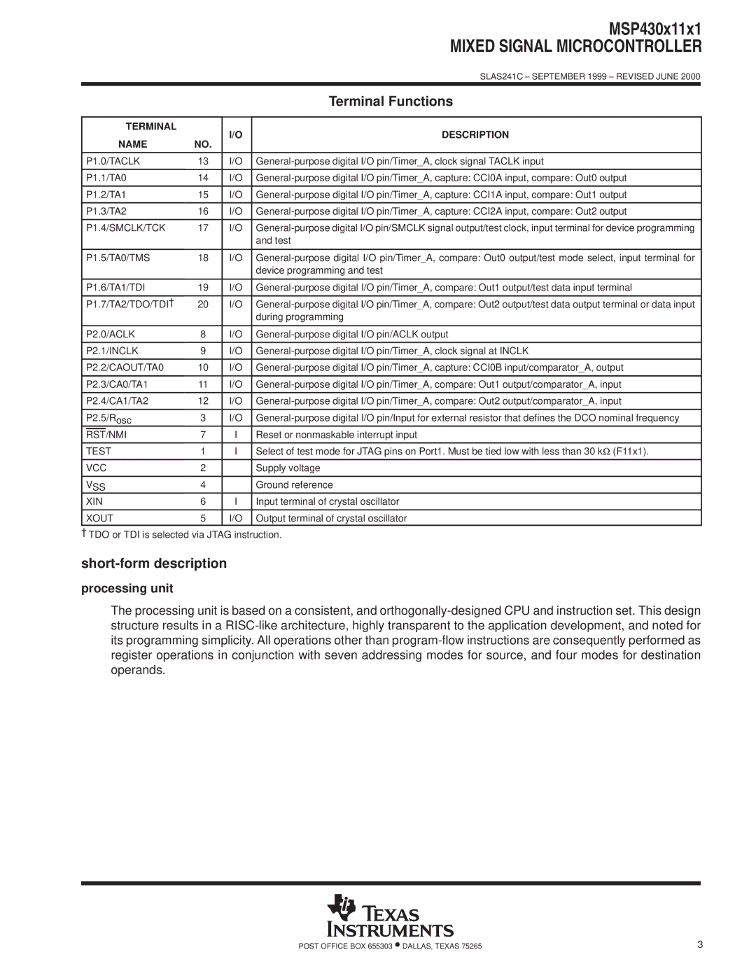 Texas Instruments MSP430x11x1 Terminal Functions, Short-form description, Processing unit, Terminal Description Name 