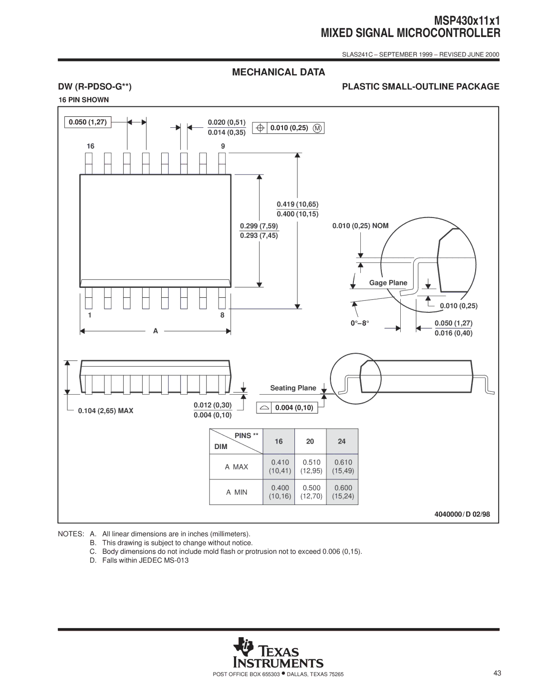 Texas Instruments MSP430x11x1 warranty Dw R-Pdso-G, Plastic SMALL-OUTLINE Package, PIN Shown, Pins DIM MAX 