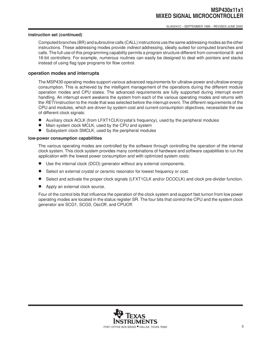 Texas Instruments MSP430x11x1 warranty Operation modes and interrupts, Low-power consumption capabilities 