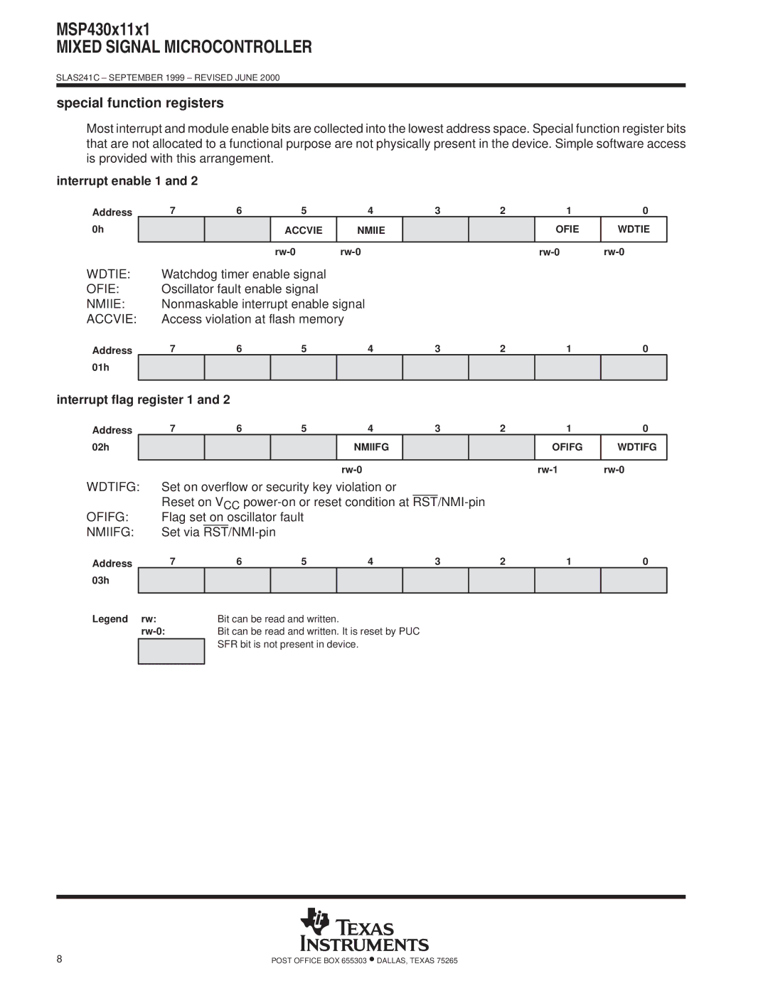 Texas Instruments MSP430x11x1 warranty Special function registers, Wdtifg, Ofifg, Nmiifg 