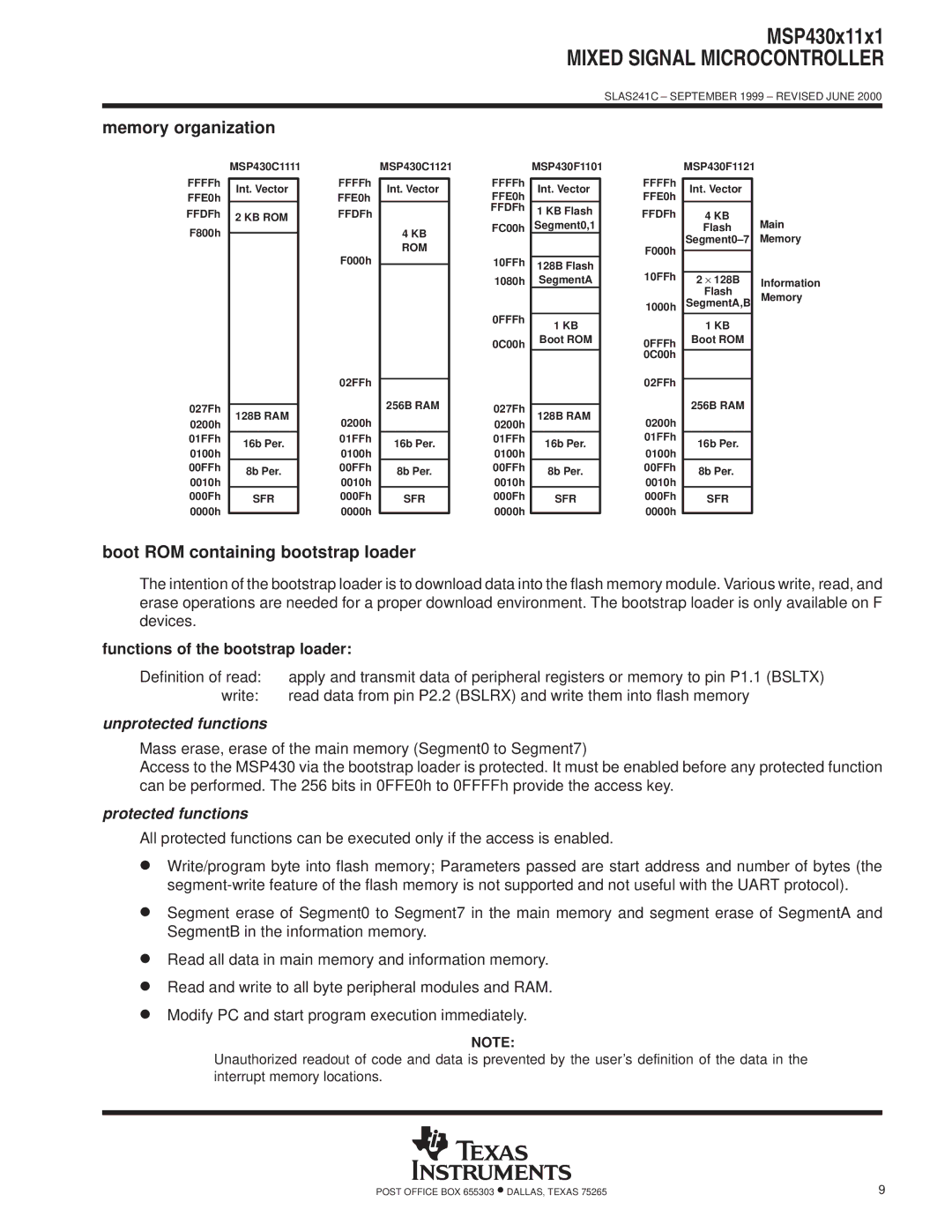 Texas Instruments MSP430x11x1 Memory organization, Boot ROM containing bootstrap loader, Functions of the bootstrap loader 