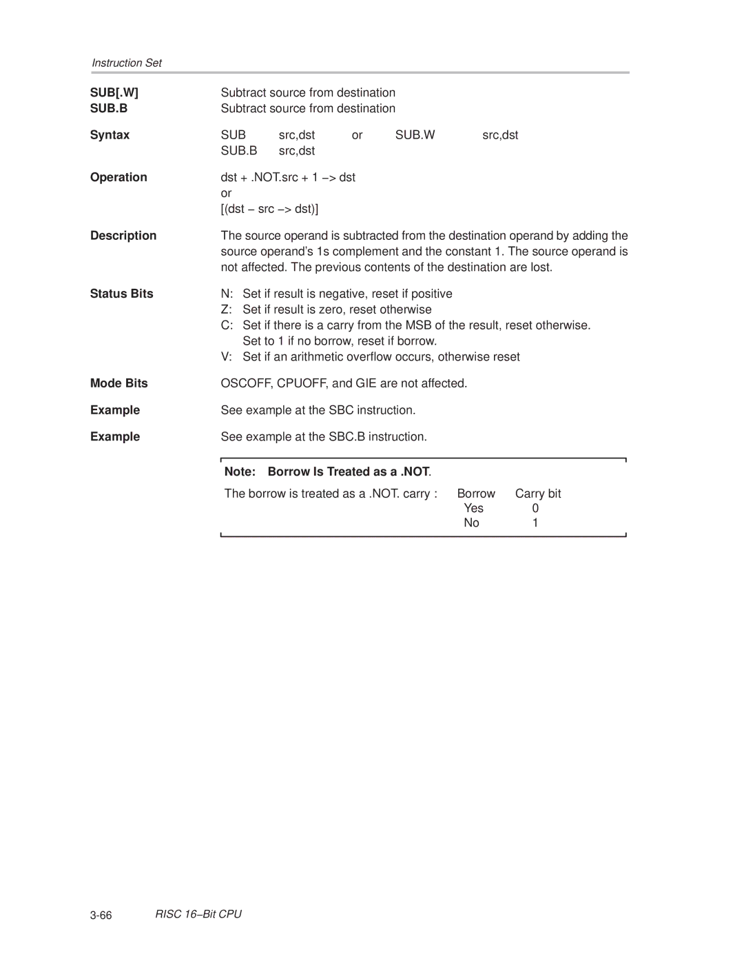 Texas Instruments MSP430x1xx manual Sub.W, Sub.B 