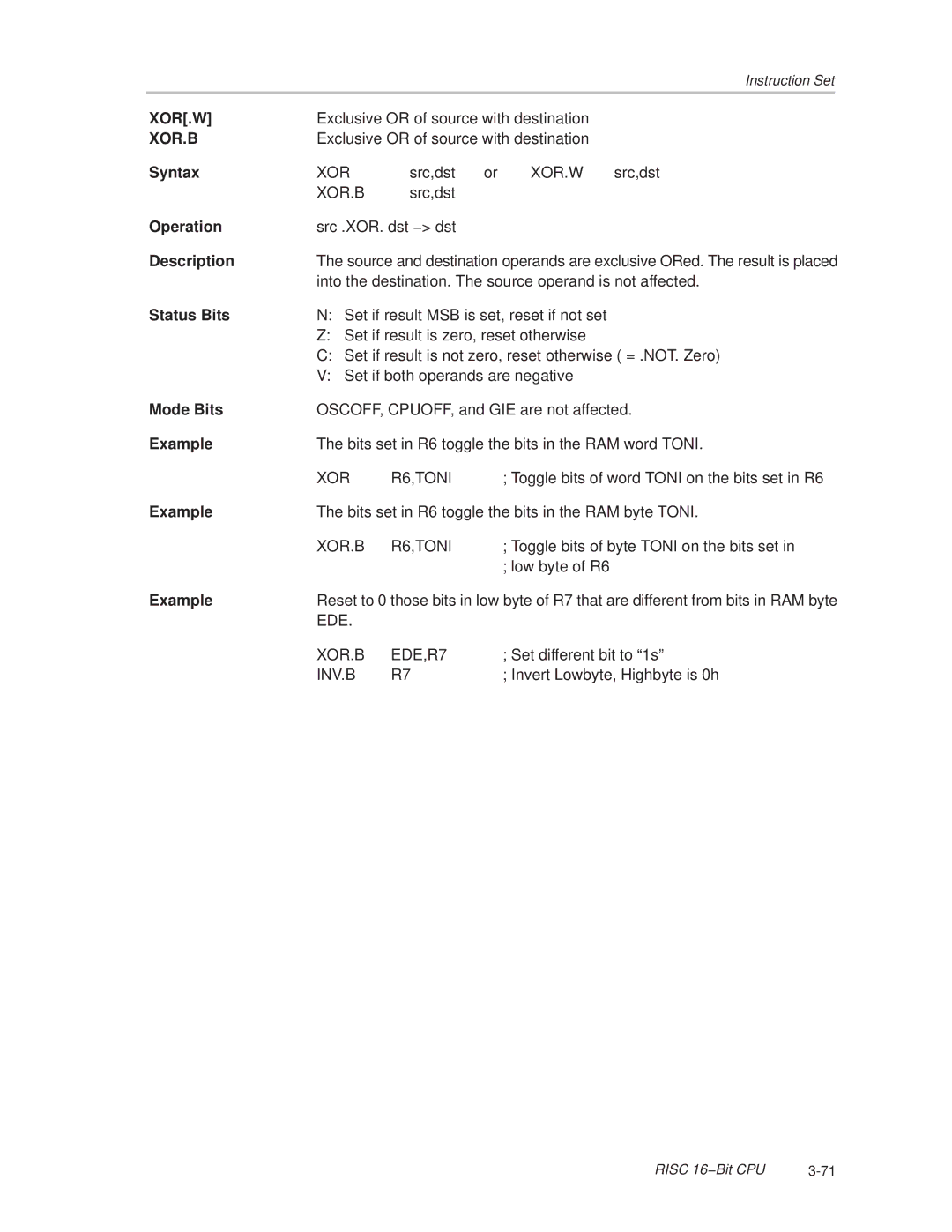 Texas Instruments MSP430x1xx manual Xor.W, Xor.B 