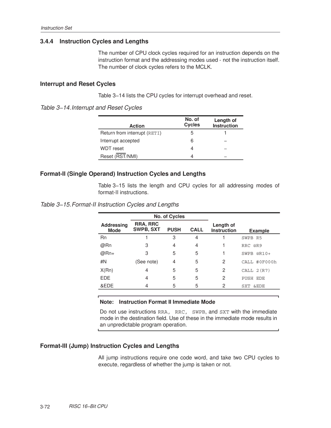 Texas Instruments MSP430x1xx manual Instruction Cycles and Lengths, Interrupt and Reset Cycles 