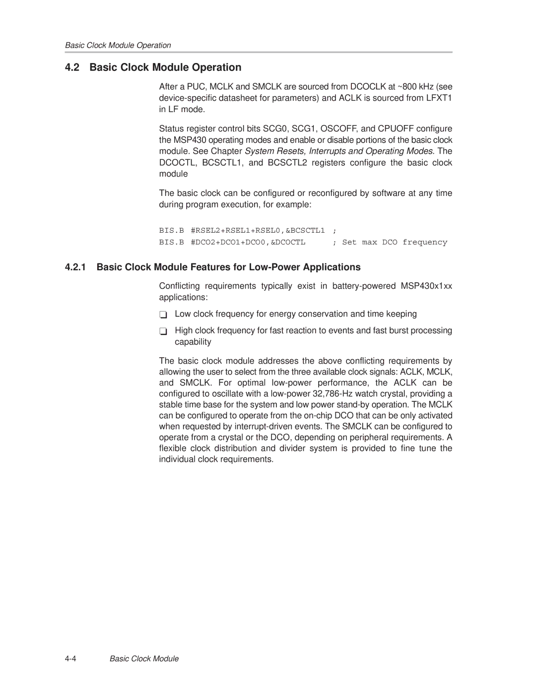 Texas Instruments MSP430x1xx manual Basic Clock Module Operation, Basic Clock Module Features for Low-Power Applications 