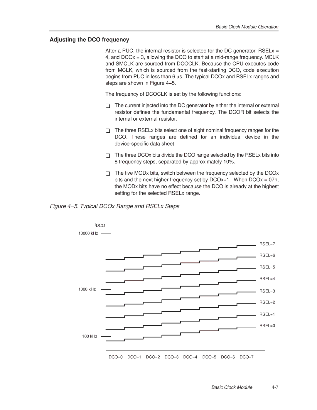 Texas Instruments MSP430x1xx manual Adjusting the DCO frequency, 5. Typical DCOx Range and RSELx Steps 