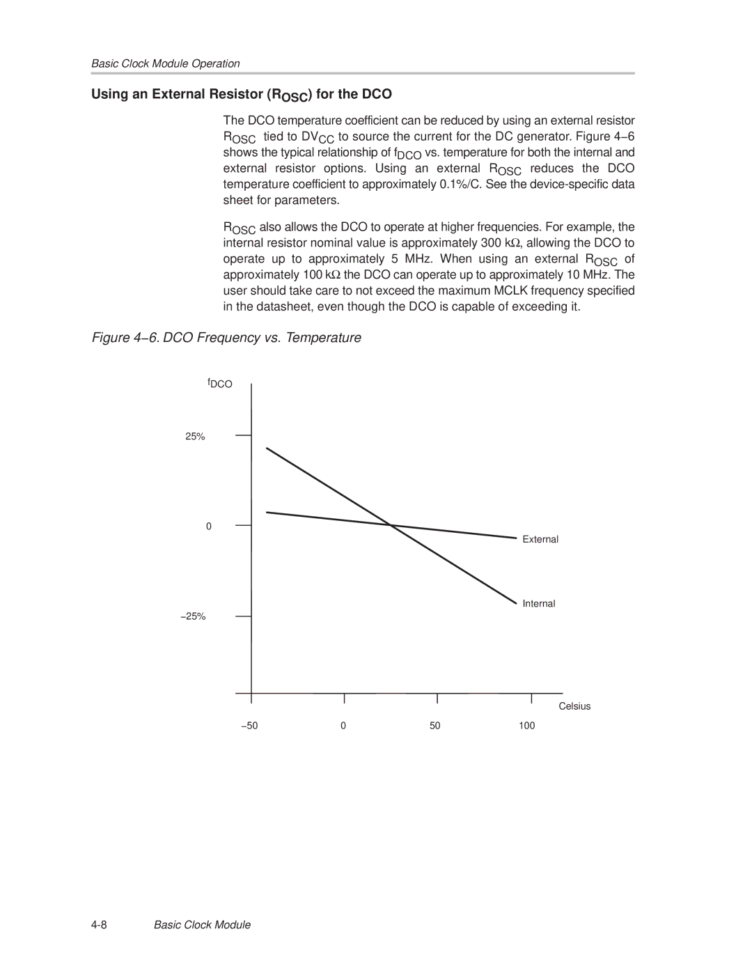 Texas Instruments MSP430x1xx manual Using an External Resistor Rosc for the DCO, 6. DCO Frequency vs. Temperature 