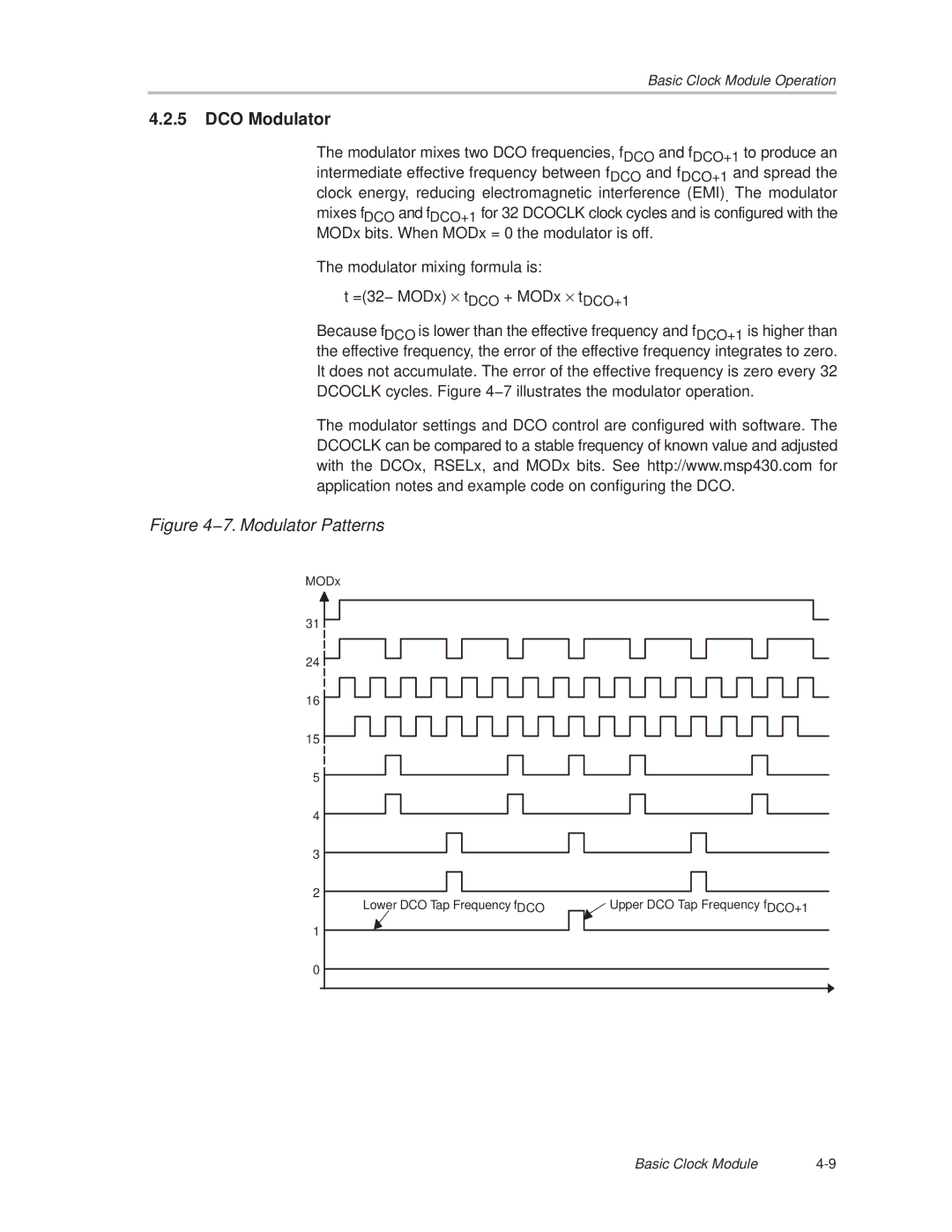 Texas Instruments MSP430x1xx manual DCO Modulator, 7. Modulator Patterns 