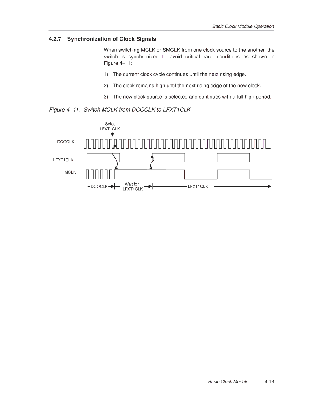 Texas Instruments MSP430x1xx manual Synchronization of Clock Signals, 11. Switch Mclk from Dcoclk to LFXT1CLK 