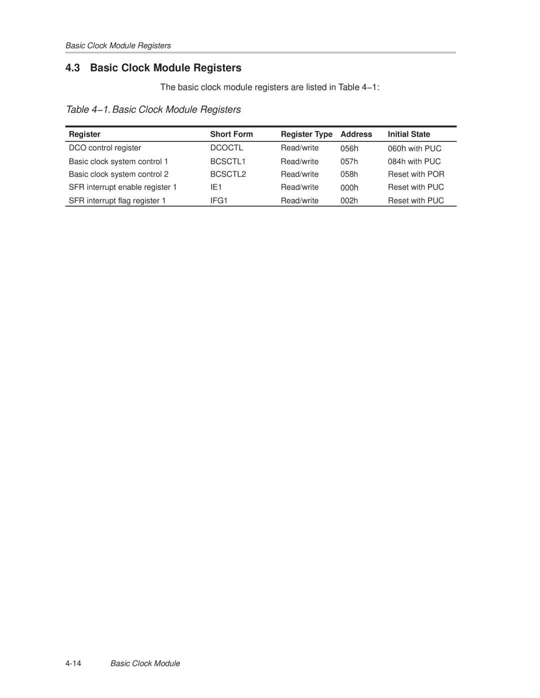 Texas Instruments MSP430x1xx 1. Basic Clock Module Registers, Register Short Form Register Type Address Initial State 