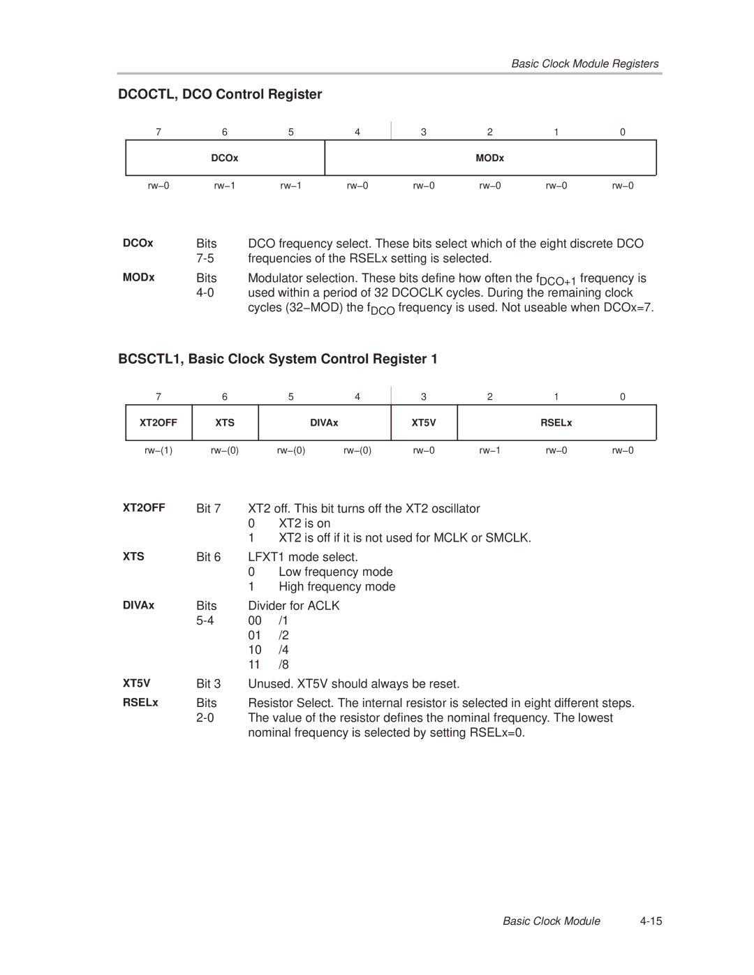 Texas Instruments MSP430x1xx manual DCOCTL, DCO Control Register, BCSCTL1, Basic Clock System Control Register 