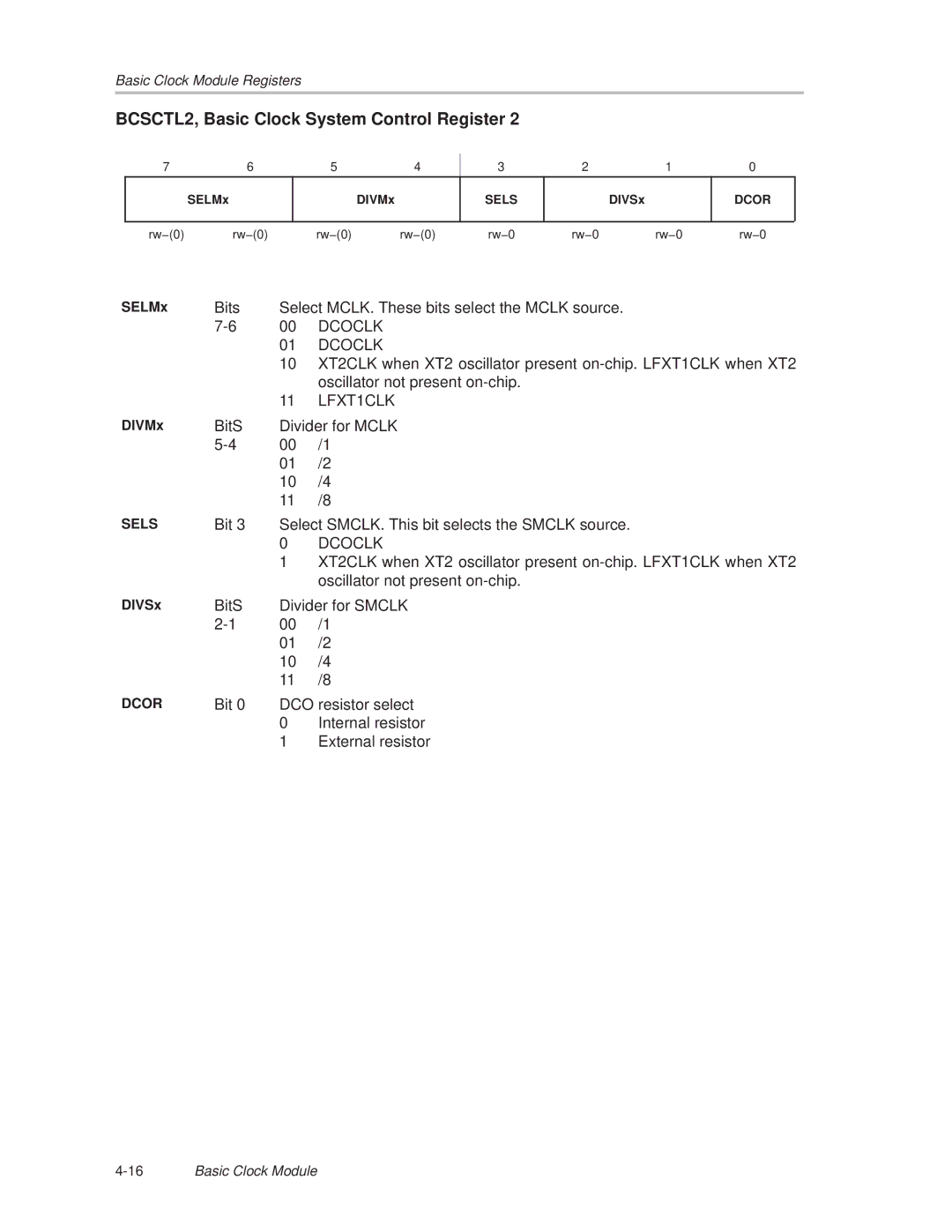 Texas Instruments MSP430x1xx manual BCSCTL2, Basic Clock System Control Register, SELMx, DIVMx, DIVSx 