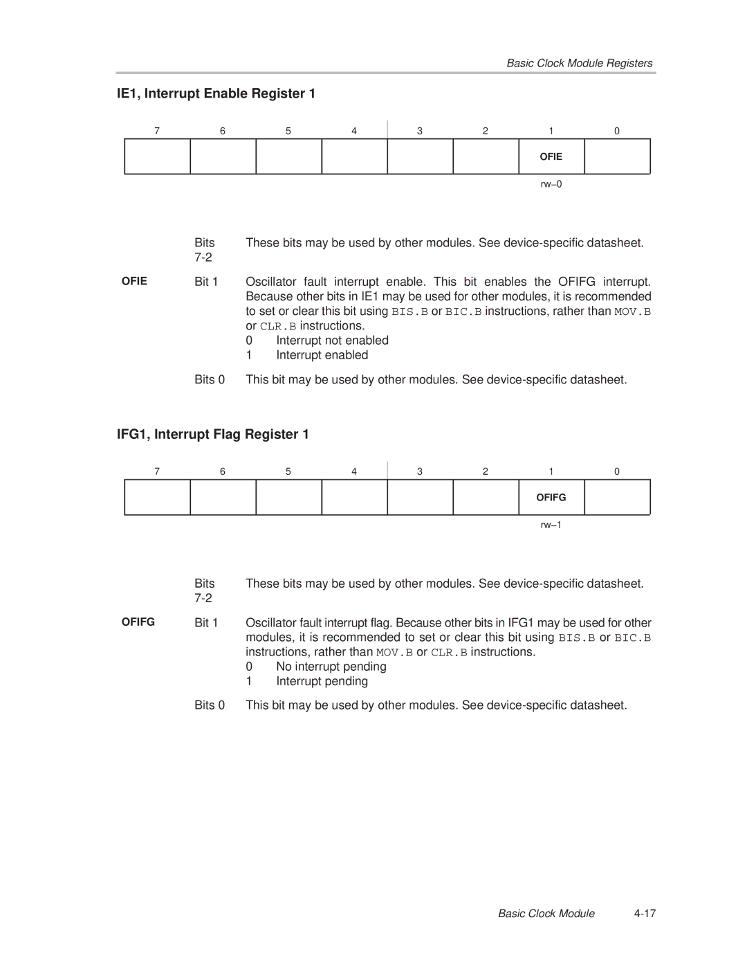 Texas Instruments MSP430x1xx manual IE1, Interrupt Enable Register, IFG1, Interrupt Flag Register 