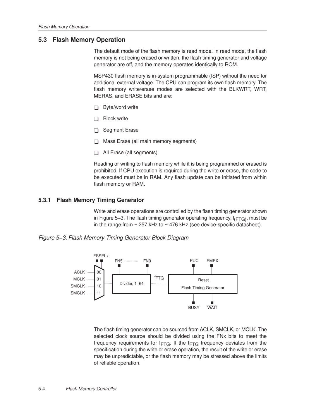 Texas Instruments MSP430x1xx manual Flash Memory Operation, Flash Memory Timing Generator 