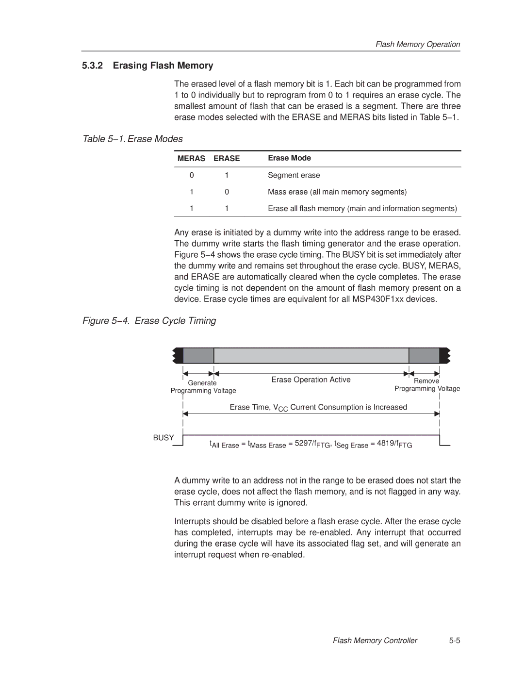 Texas Instruments MSP430x1xx manual Erasing Flash Memory, 1. Erase Modes 