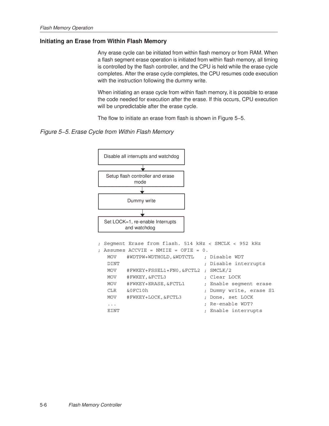 Texas Instruments MSP430x1xx manual Initiating an Erase from Within Flash Memory, 5. Erase Cycle from Within Flash Memory 