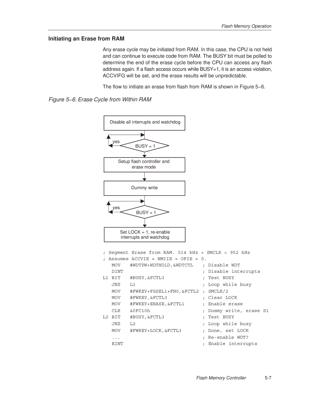 Texas Instruments MSP430x1xx manual Initiating an Erase from RAM, 6. Erase Cycle from Within RAM 