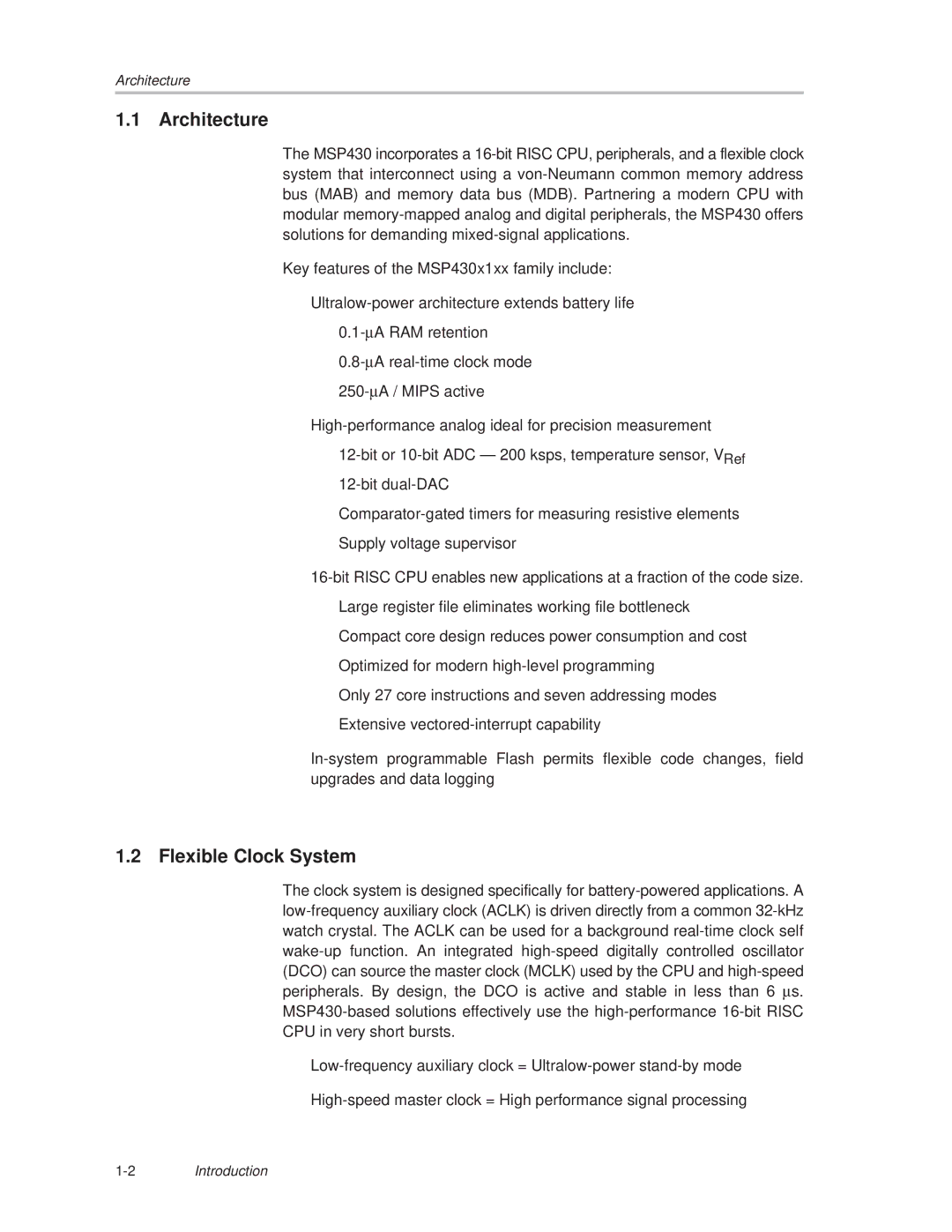 Texas Instruments MSP430x1xx manual Architecture, Flexible Clock System 