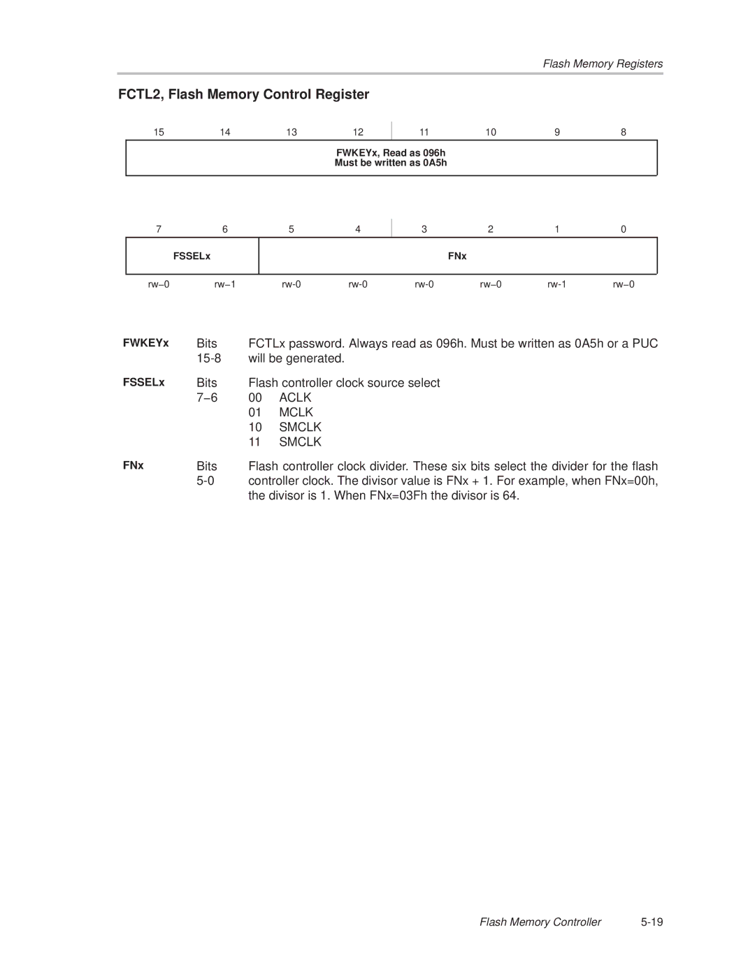 Texas Instruments MSP430x1xx manual FCTL2, Flash Memory Control Register, FWKEYx, FSSELx, FNx 