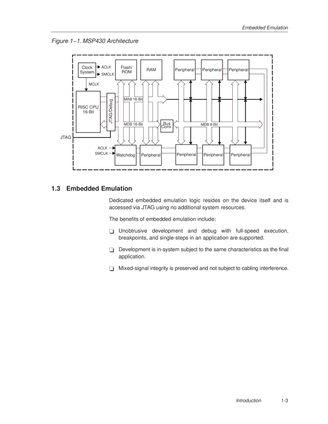 Texas Instruments MSP430x1xx manual Embedded Emulation, 1. MSP430 Architecture 