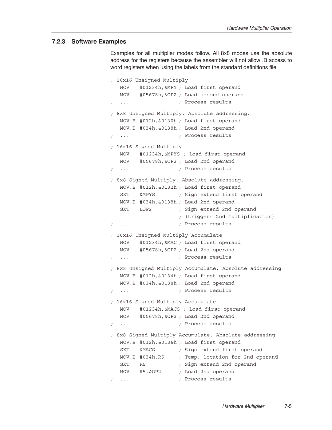 Texas Instruments MSP430x1xx manual Software Examples, Process results 