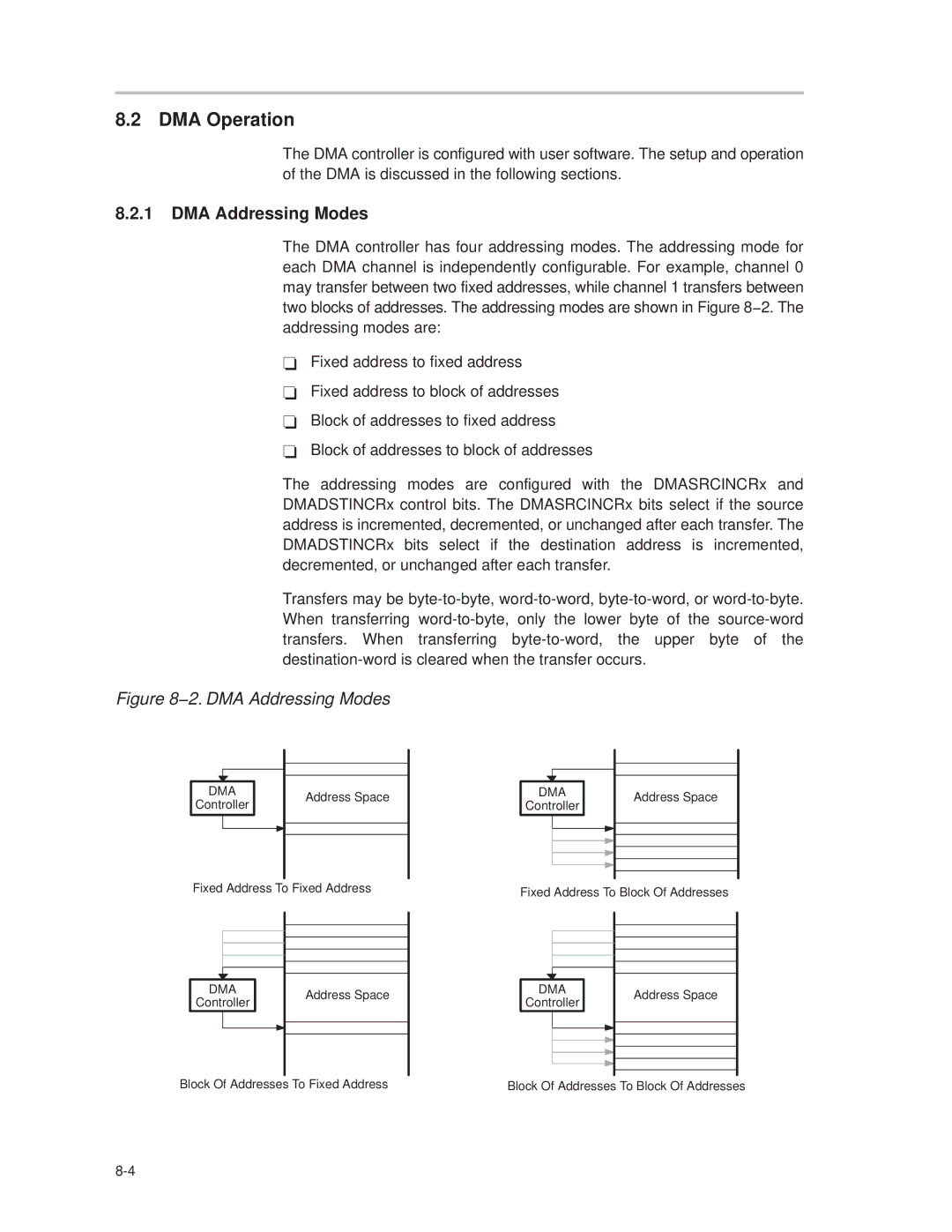 Texas Instruments MSP430x1xx manual DMA Operation, DMA Addressing Modes 