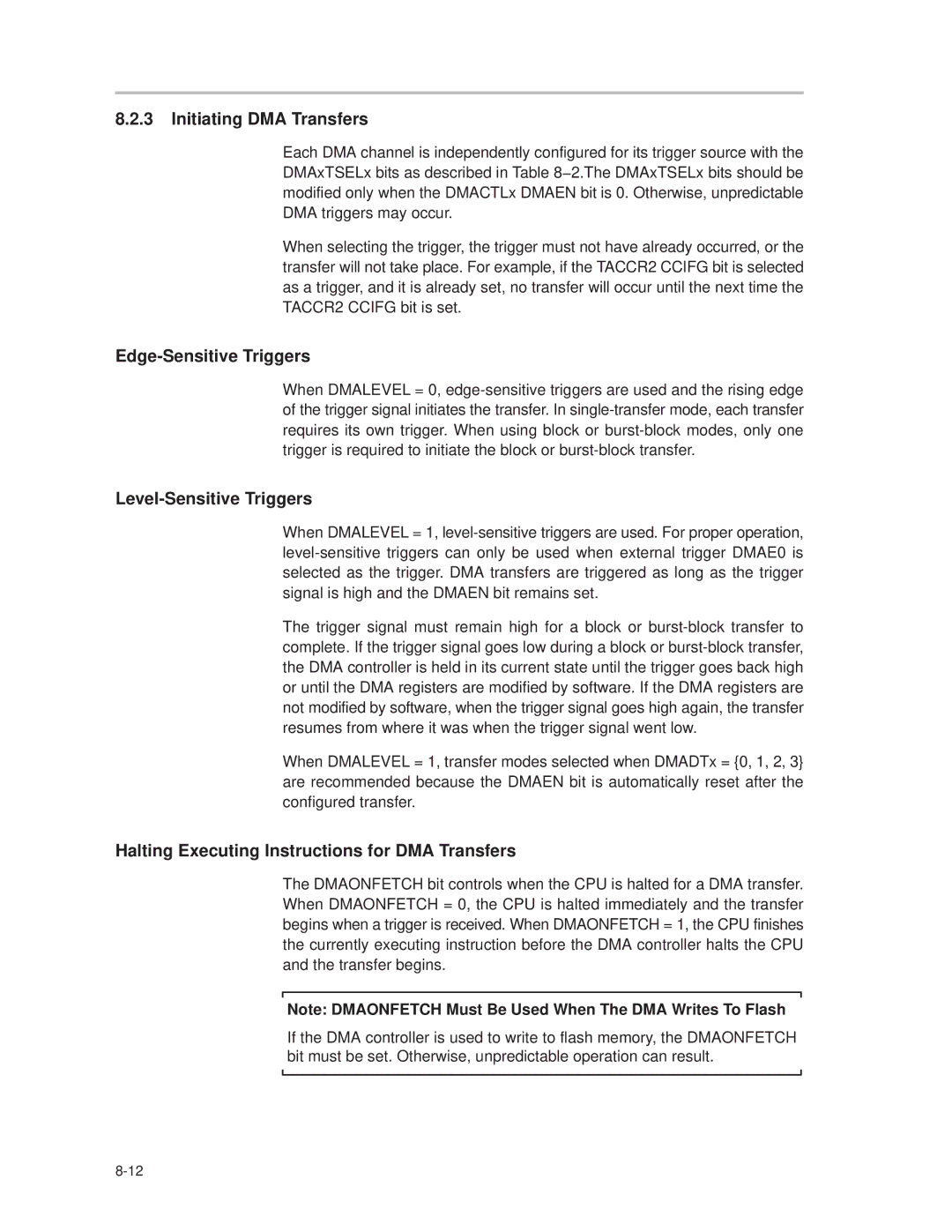 Texas Instruments MSP430x1xx manual Initiating DMA Transfers, Edge-Sensitive Triggers, Level-Sensitive Triggers 