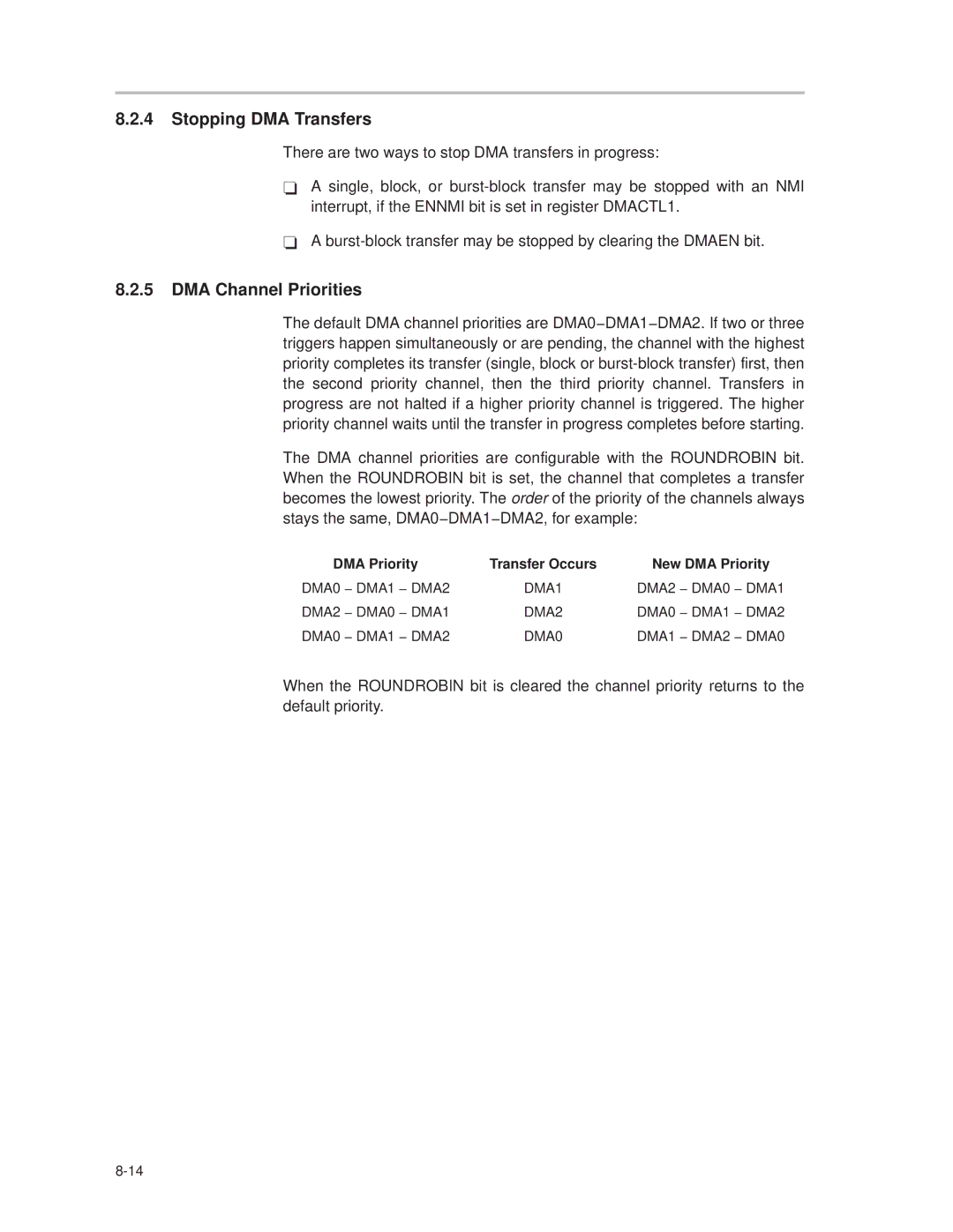 Texas Instruments MSP430x1xx Stopping DMA Transfers, DMA Channel Priorities, DMA Priority Transfer Occurs New DMA Priority 