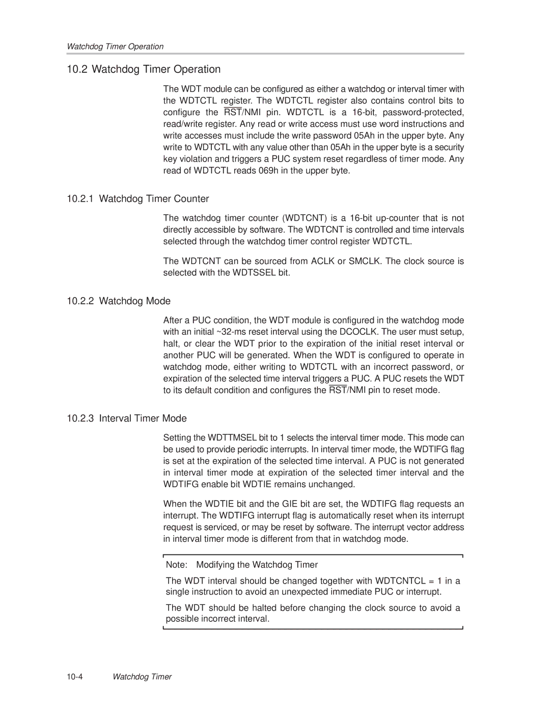 Texas Instruments MSP430x1xx manual Watchdog Timer Operation, Watchdog Timer Counter, Watchdog Mode, Interval Timer Mode 