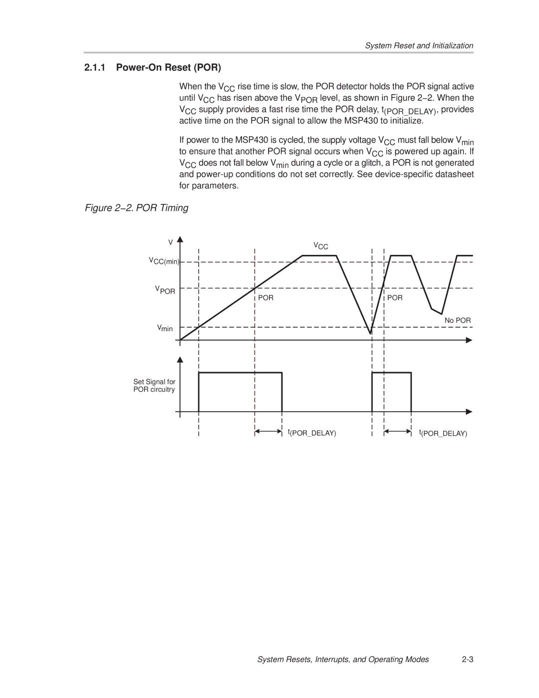 Texas Instruments MSP430x1xx manual Power-On Reset POR, 2. POR Timing 