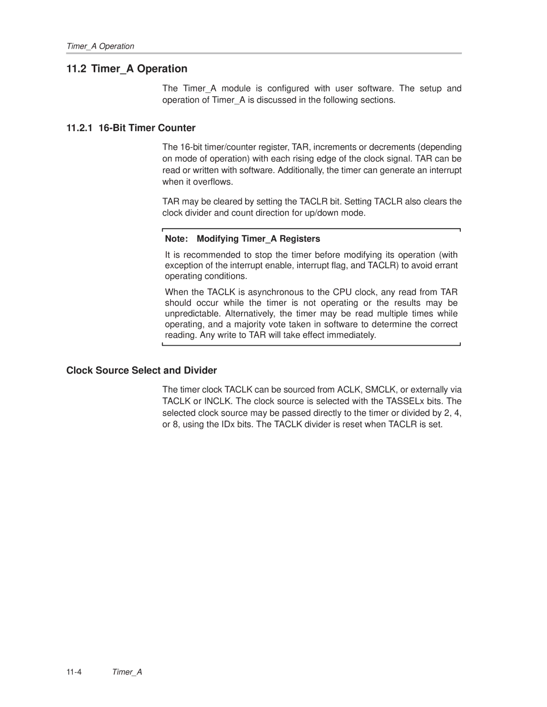 Texas Instruments MSP430x1xx manual TimerA Operation, 11.2.1 16-Bit Timer Counter, Clock Source Select and Divider 