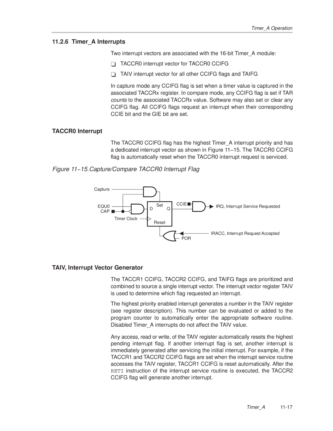 Texas Instruments MSP430x1xx manual TimerA Interrupts, TACCR0 Interrupt, TAIV, Interrupt Vector Generator 