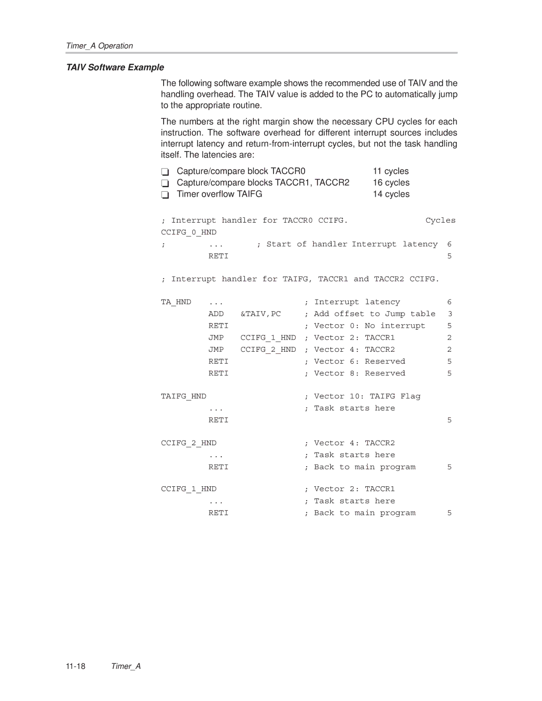 Texas Instruments MSP430x1xx manual Taiv Software Example 