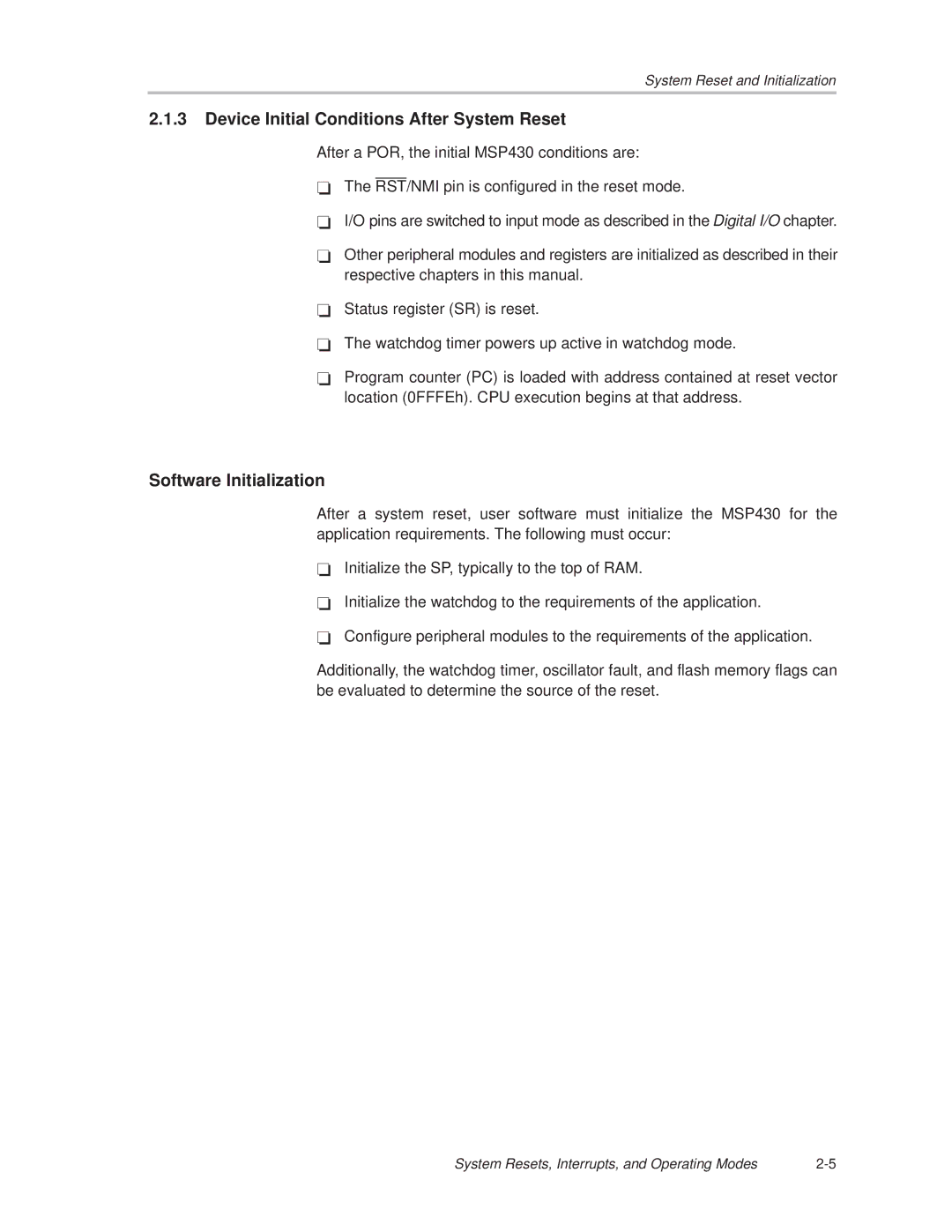 Texas Instruments MSP430x1xx manual Device Initial Conditions After System Reset, Software Initialization 